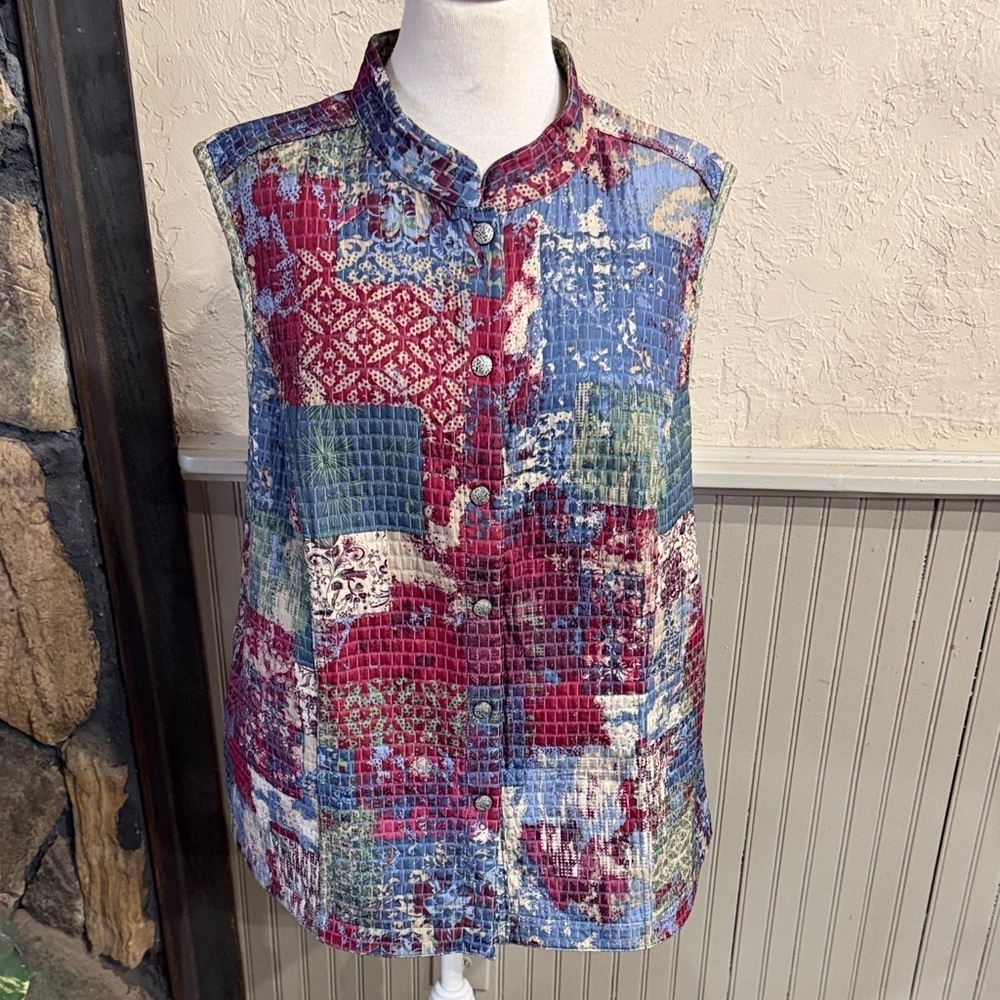 Reversible Vest in Snap Front in Blue and Red Abstract Print Or Green/Tan Print.